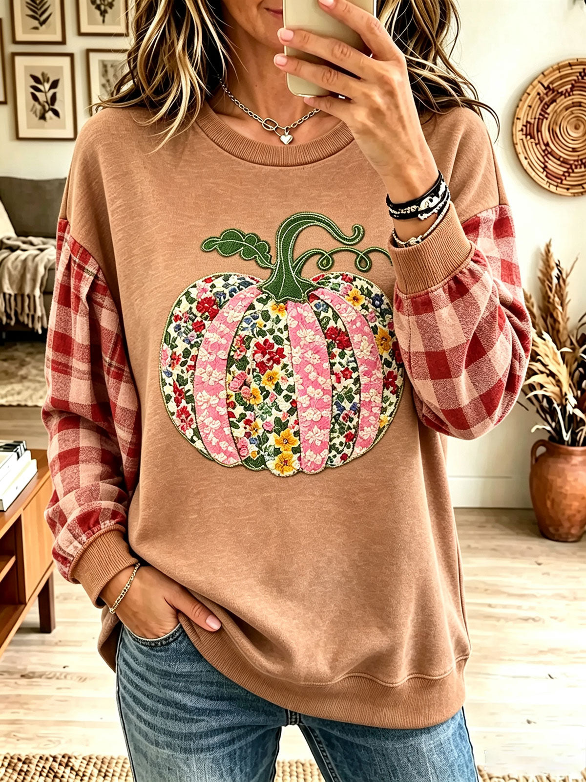 Women Floral Patchwork Pumpkin Plaid Splice Crewneck Fall Sweatshirt