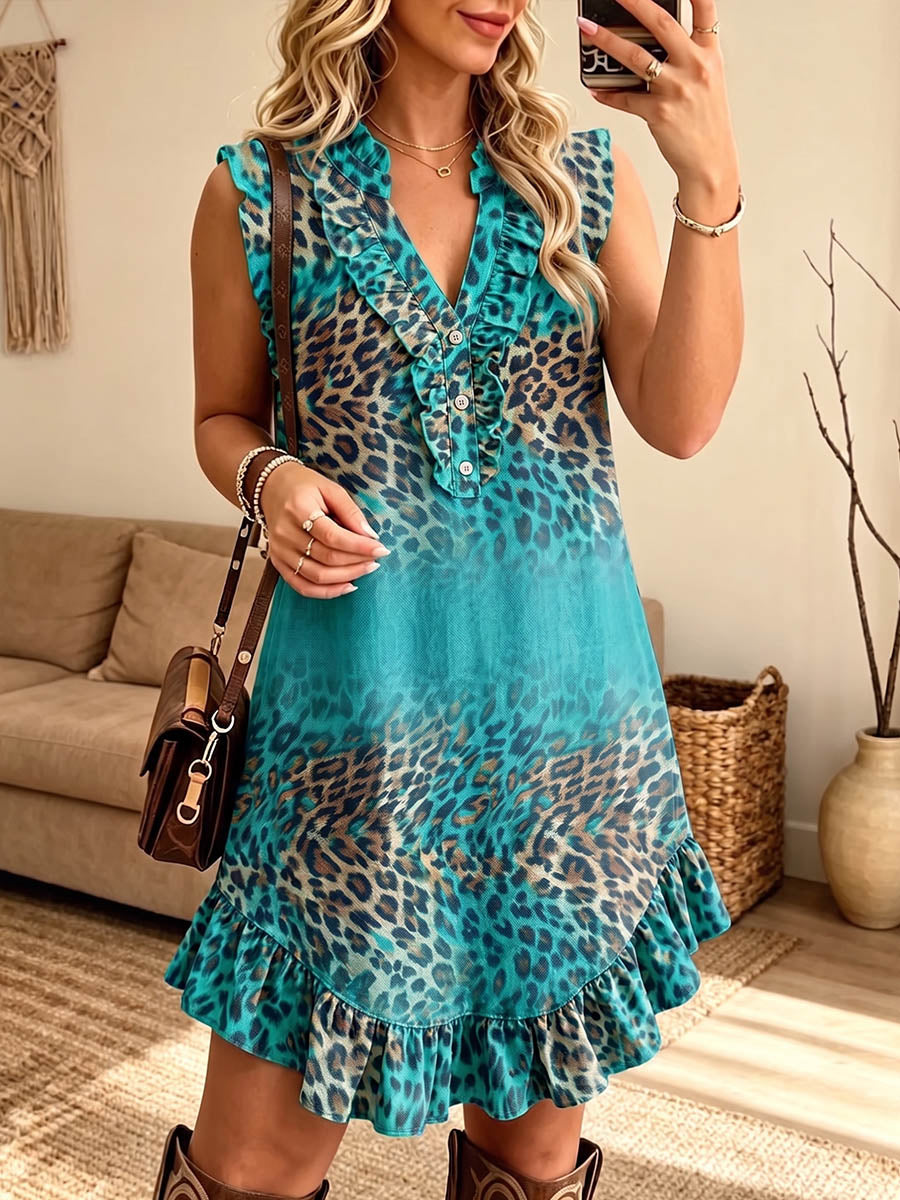 Vintage Elegant Patterned Print Patchwork Trim Ruffle Dress