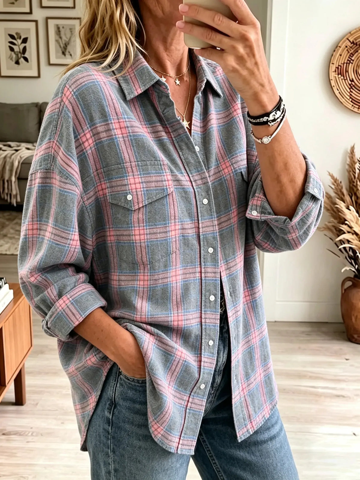 Women's Oversized Plaid Flannel Button-Down Shirt