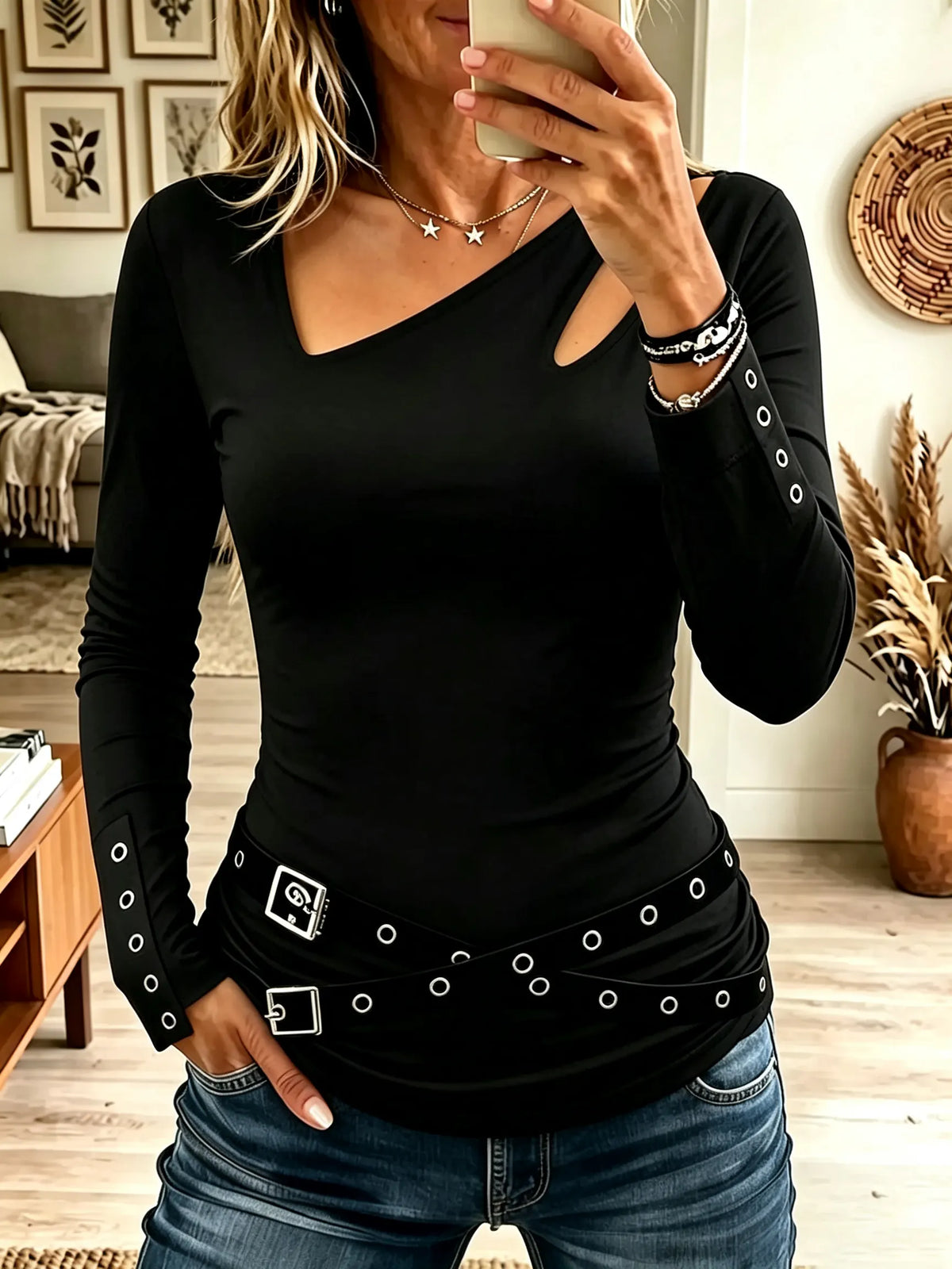 Women's Asymmetrical Cutout Buckled Grommet Long-Sleeve Top