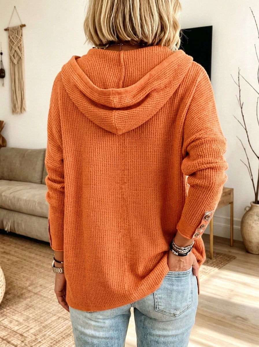 Women Waffle Knit Hoodie Top Floral Patch Button Henley Long Sleeve Sweater