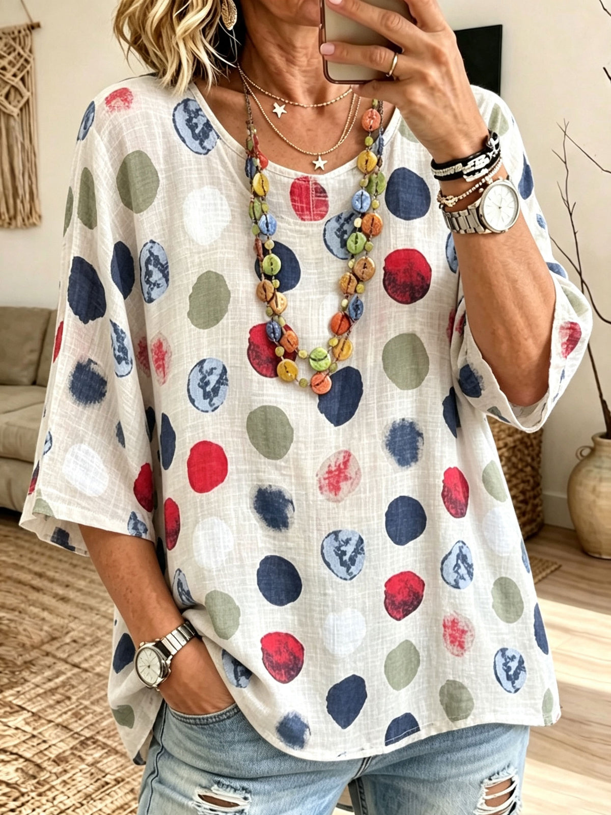 Women Watercolor Polka Dot Print 3/4 Sleeve Loose Linen Blend Blouse Top