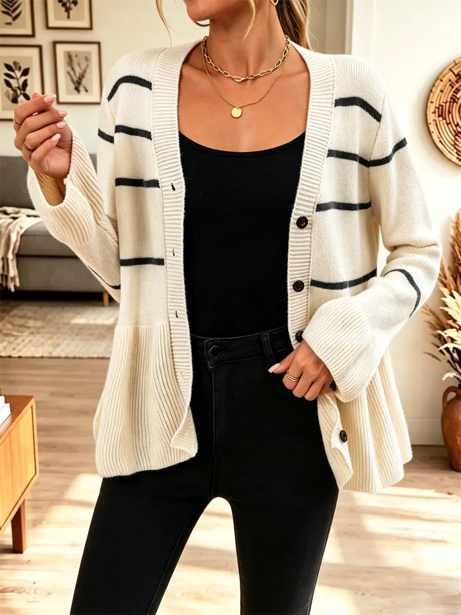 Elegant Ruffle Stripe Pattern Knit Art Casual Stylish Long Sleeve Cardigan Sweater