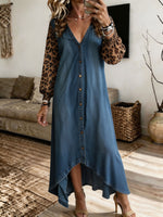 Women Denim Leopard Splice Maxi Dress V‑Neck Button Front Lantern Sleeve Irregular Hem Casual Dress