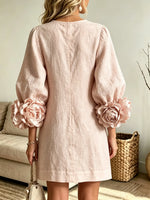 Women's 3D Floral Accent Button-Down Linen Mini Dress