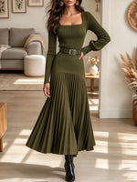Women's Square Neck Pleated Knit Midi Dress