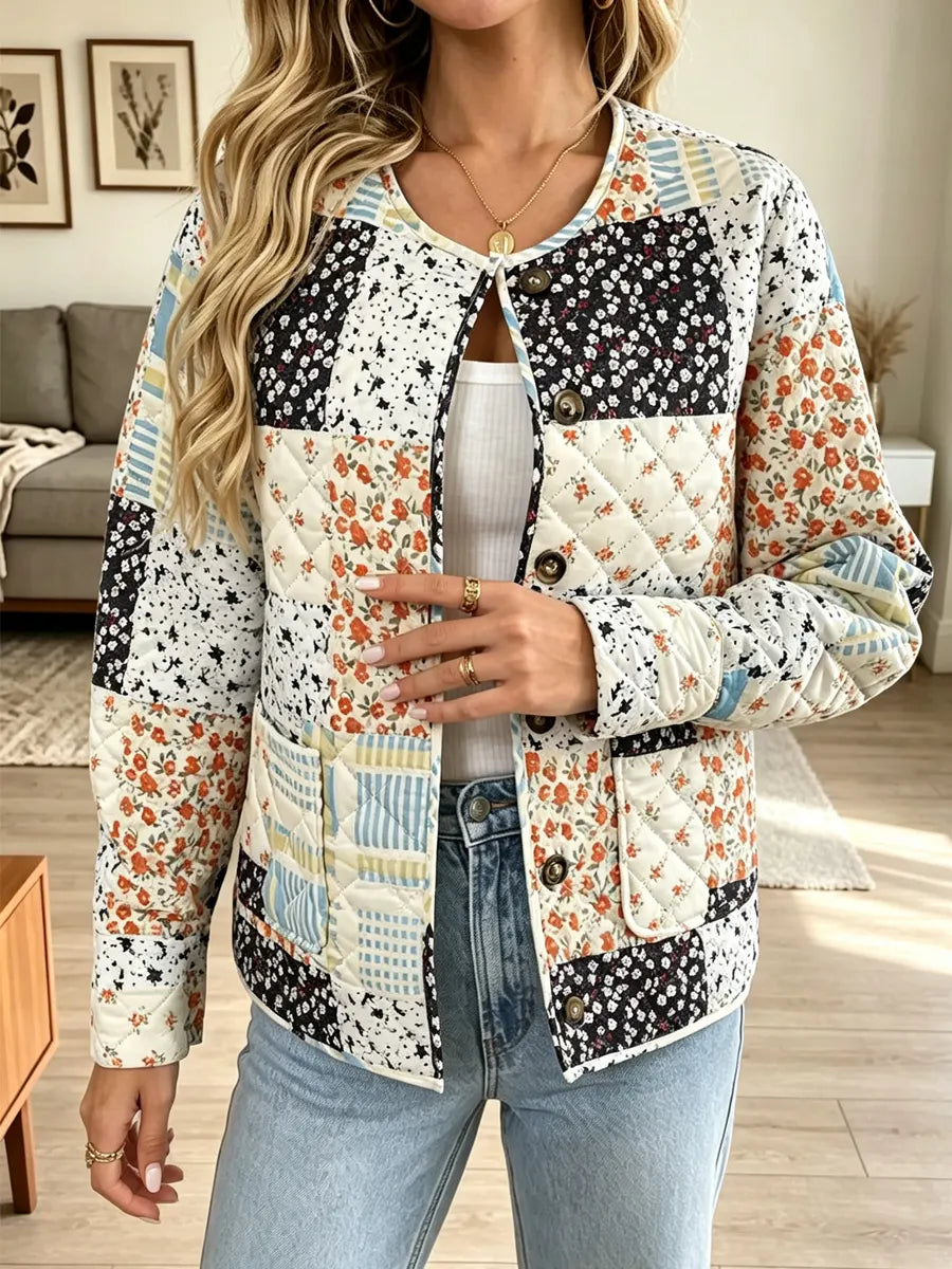 Retro Floral Patchwork Pattern Art Casual Stylish Long Sleeve Quilted Coat