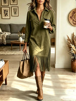 Women's Faux Suede Fringe Midi Dress, Half Zip Lapel Collar Western Cowgirl Dress