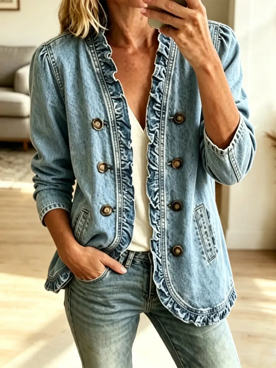 Retro Ruffle Solid Color Button Art Casual Stylish Long Sleeve Denim Coat