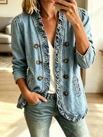 Retro Ruffle Solid Color Button Art Casual Stylish Long Sleeve Denim Coat