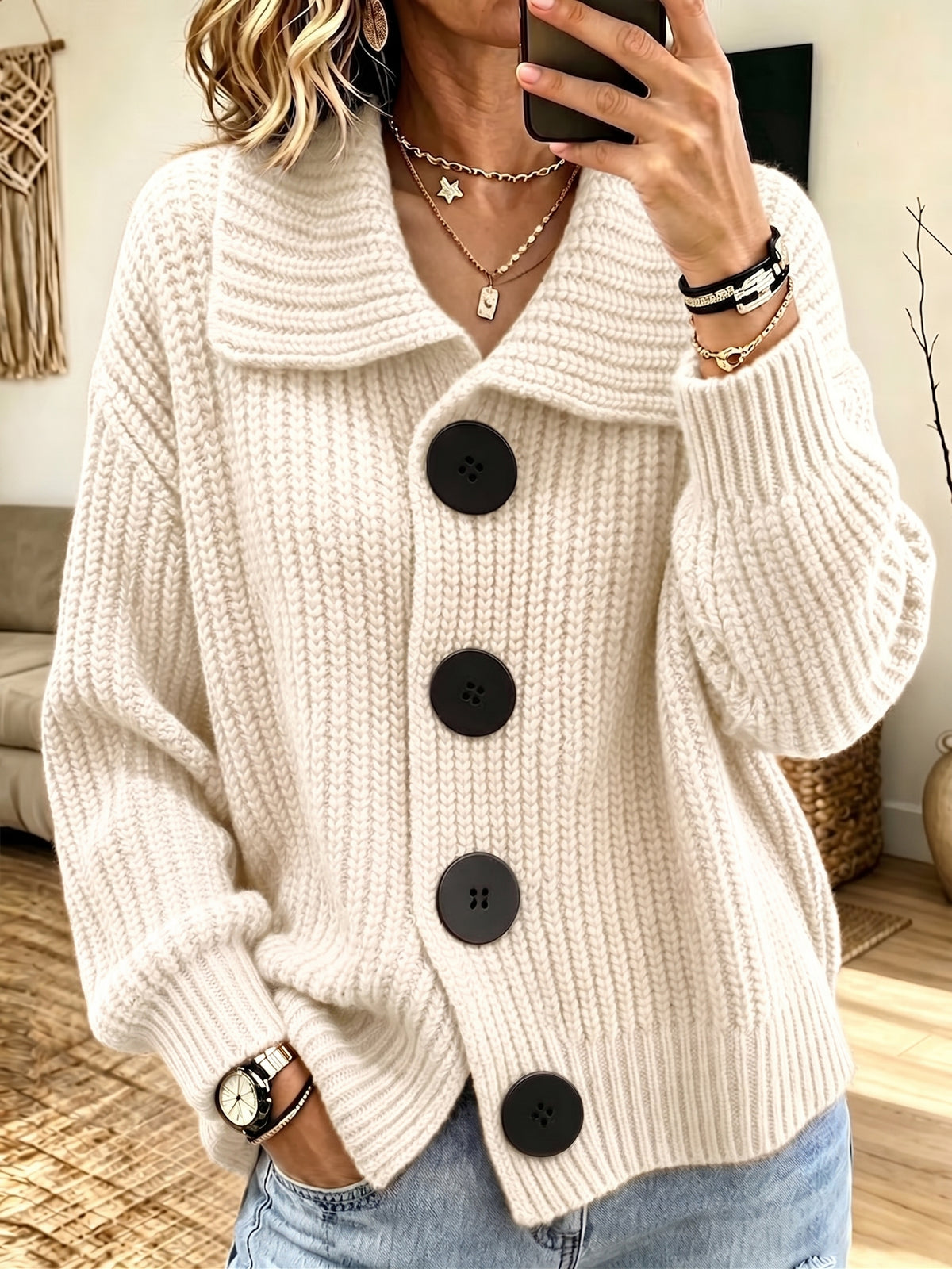 Women Lapel Collar Big Button Chunky Knit Cardigan