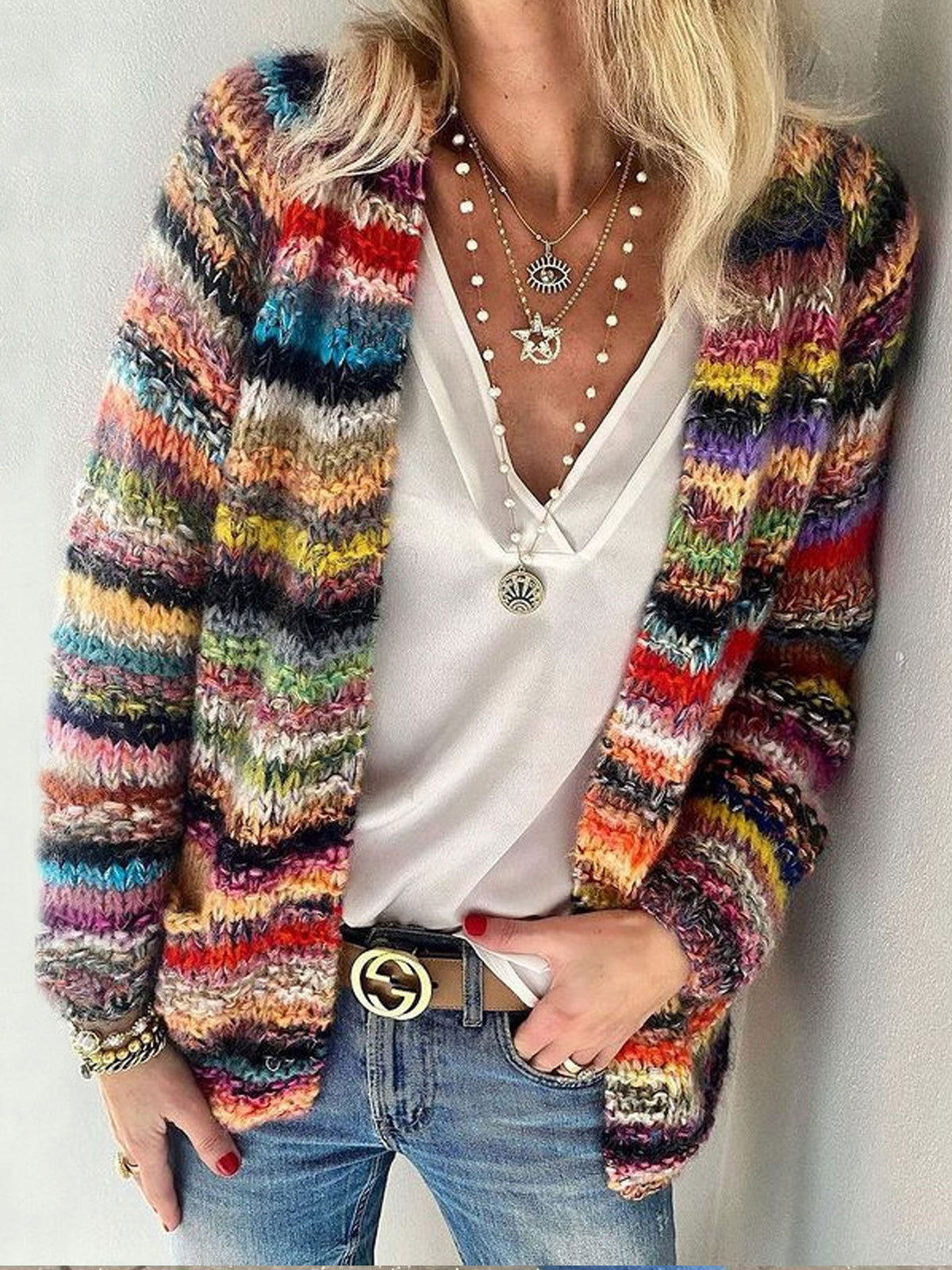 Women Rainbow Stripe Open Front Knit Cardigan, Cozy Multicolor Chunky Knit Jacket With Pockets
