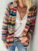Women Rainbow Stripe Open Front Knit Cardigan, Cozy Multicolor Chunky Knit Jacket With Pockets