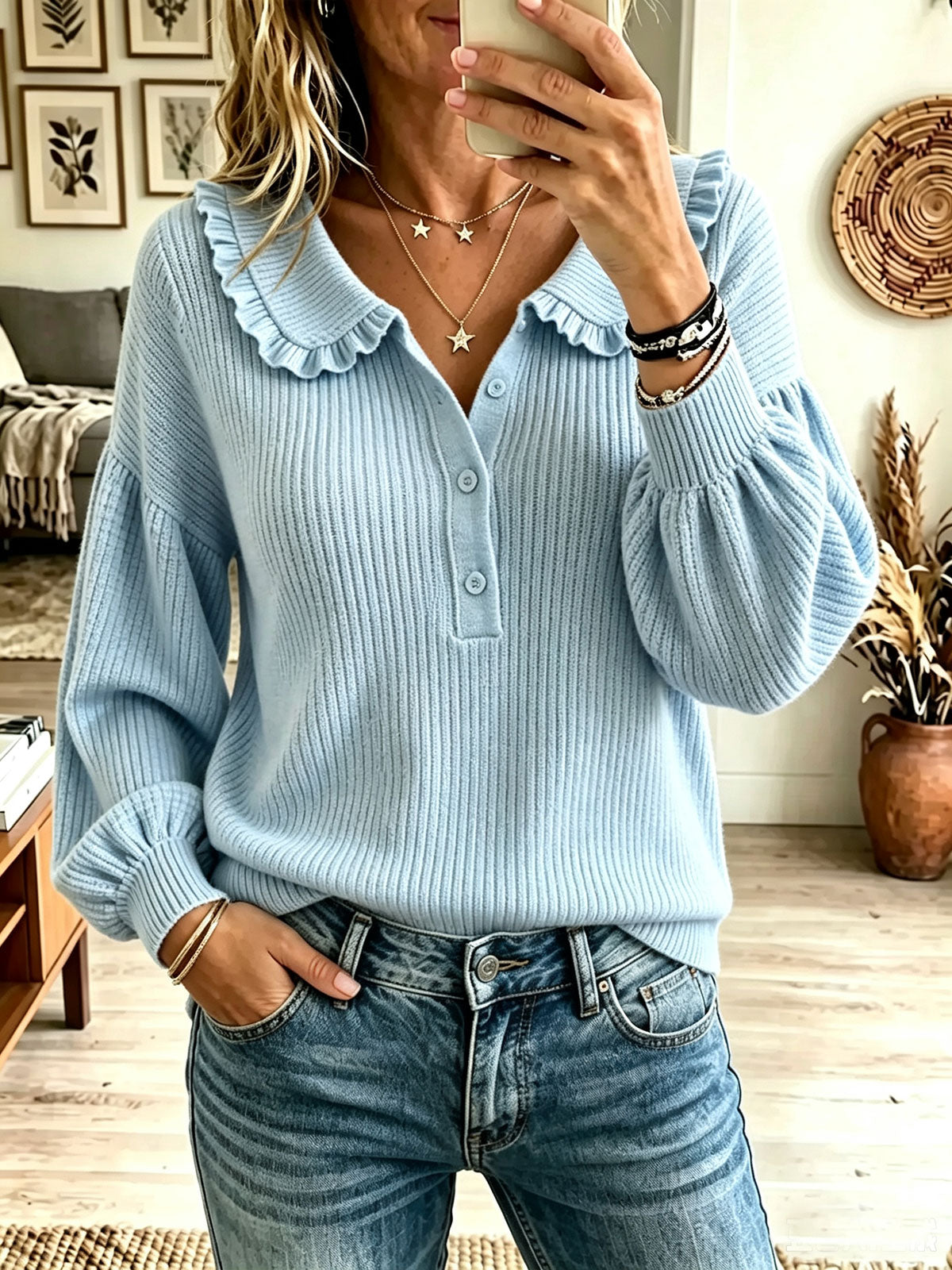 Women's Ruffle Collar Henley Knit Sweater, Balloon Long Sleeve Ribbed Casual Pullover Top