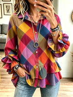 Women Colorful Argyle Plaid Ruffle Hem Flare Sleeve Button Down Shirt