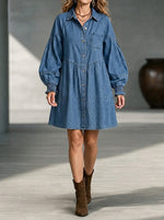 Oversized Babydoll Denim Mini Dress – Long Puff Sleeve Shirt Dress