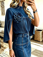 Women’s Elegant 3d Flower Decorated Cape Denim Top