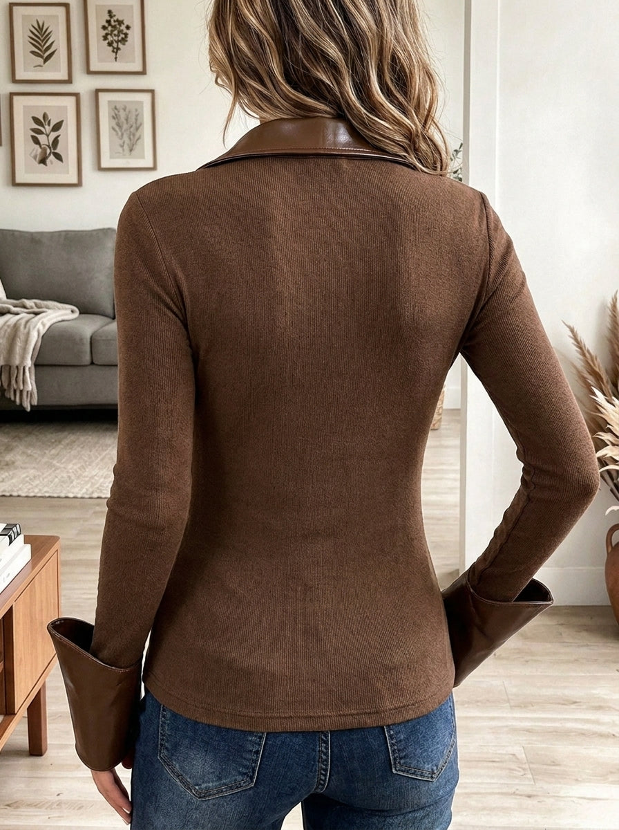 Women's Brown Ribbed Knit V-Neck Top with Contrast Faux Leather Collar and Cuffs