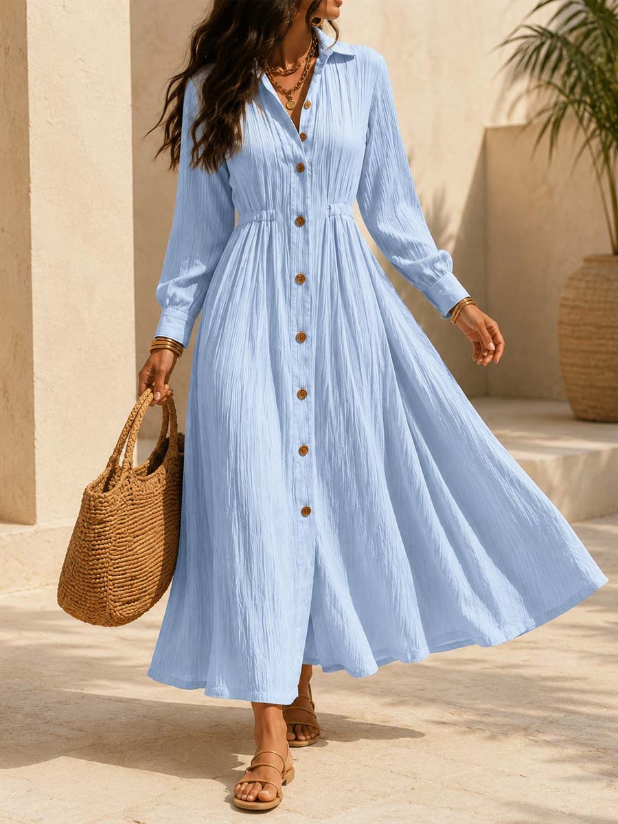 Retro Elegant Lapel Art Button Casual Long Sleeve Stylish Long Dress