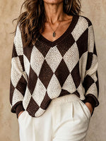 Women V‑Neck Argyle Diamond Pattern Hollow Knit Long‑Sleeve Sweater