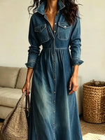 Retro Lapel Art Casual Button Stylish Long Sleeve Denim Maxi Dress