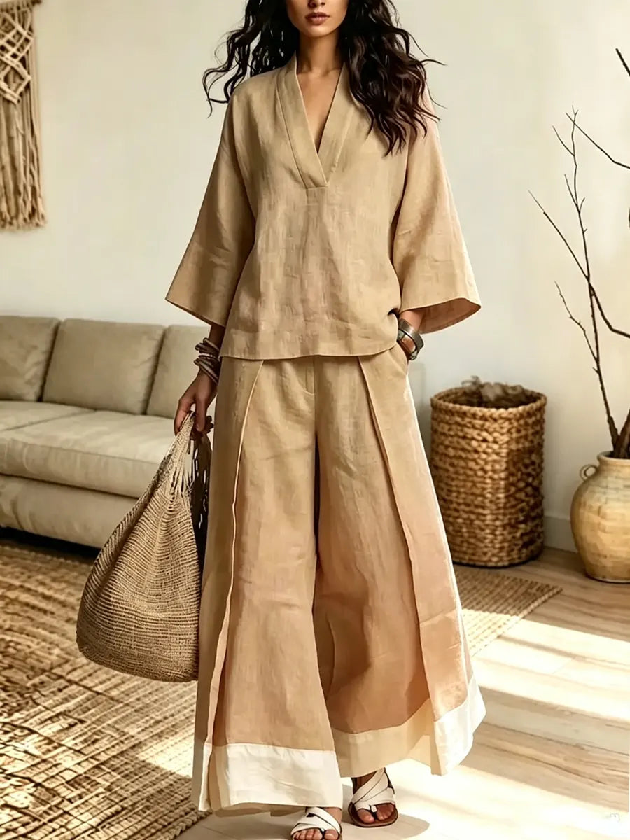 Retro 3/4 Sleeve Art Casual Stylish Top And Wide Leg Pants Two-piece Sets