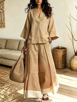 Retro 3/4 Sleeve Art Casual Stylish Top And Wide Leg Pants Two-piece Sets