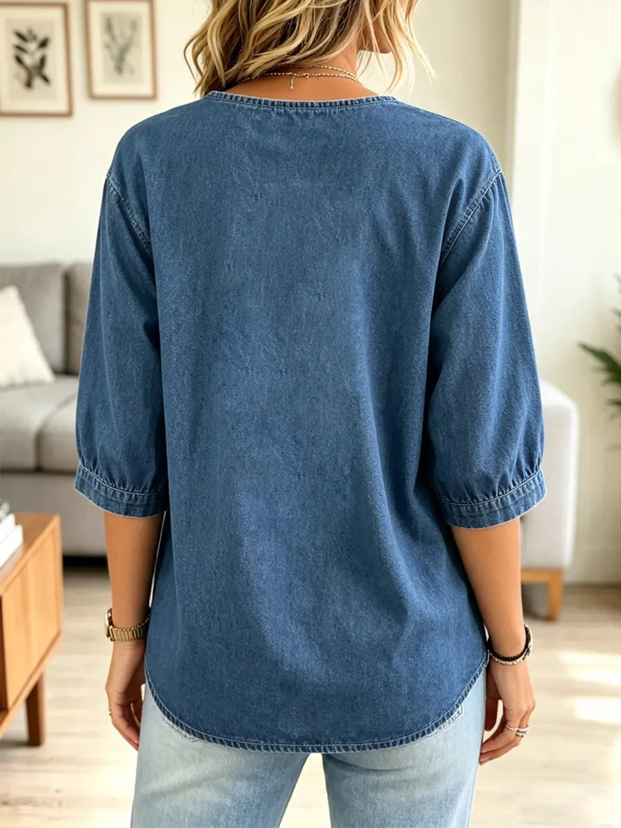 Retro Round Neck Art Button Casual Stylish 3/4 Sleeve Denim Shirt