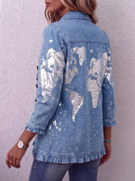 Vintage Elegant Shiny Denim Patchwork Ruffled Buttons Jacket