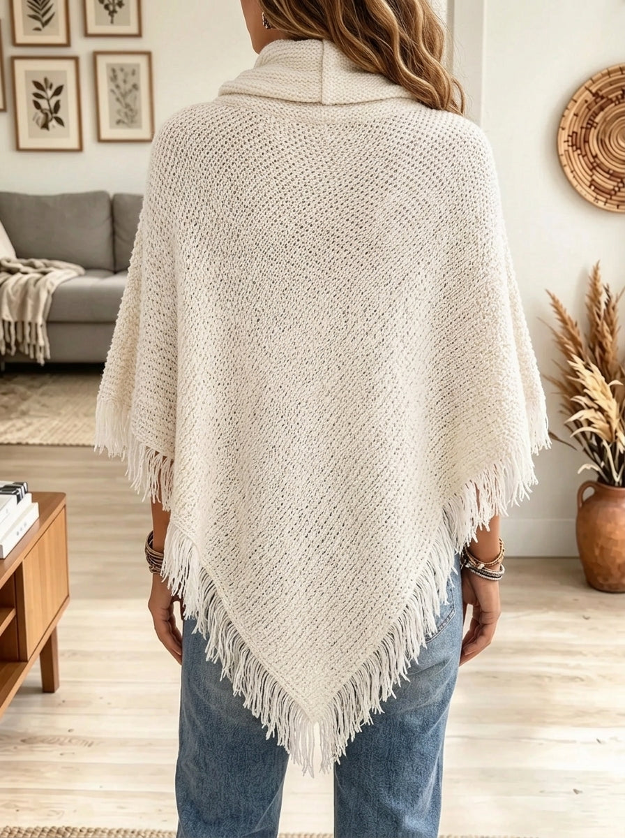 Women's Button Cowl Neck Fringe Knit Poncho