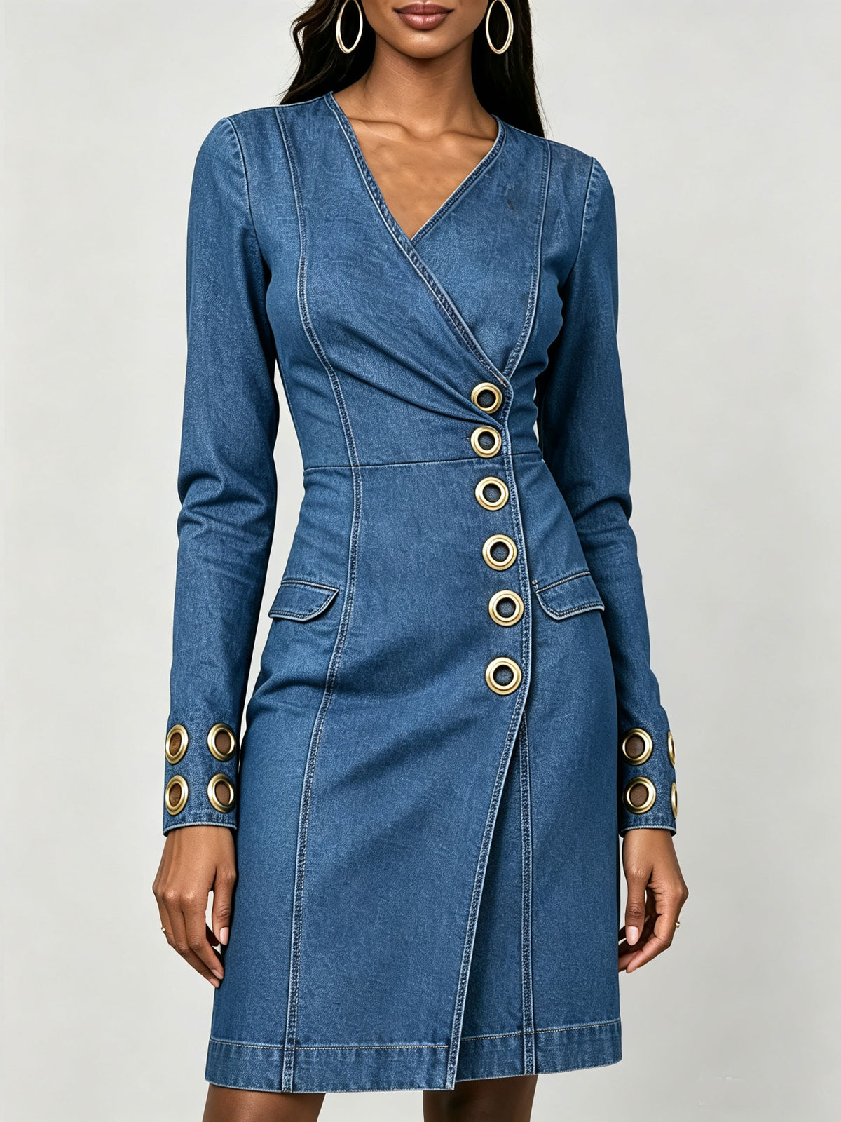V Neck Wrap Gold Eyelet Decor Long Sleeve Denim Mini Dress