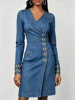 V Neck Wrap Gold Eyelet Decor Long Sleeve Denim Mini Dress