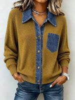 Retro Lapel Art Casual Stylish Denim Patchwork Long Sleeve Knit Top