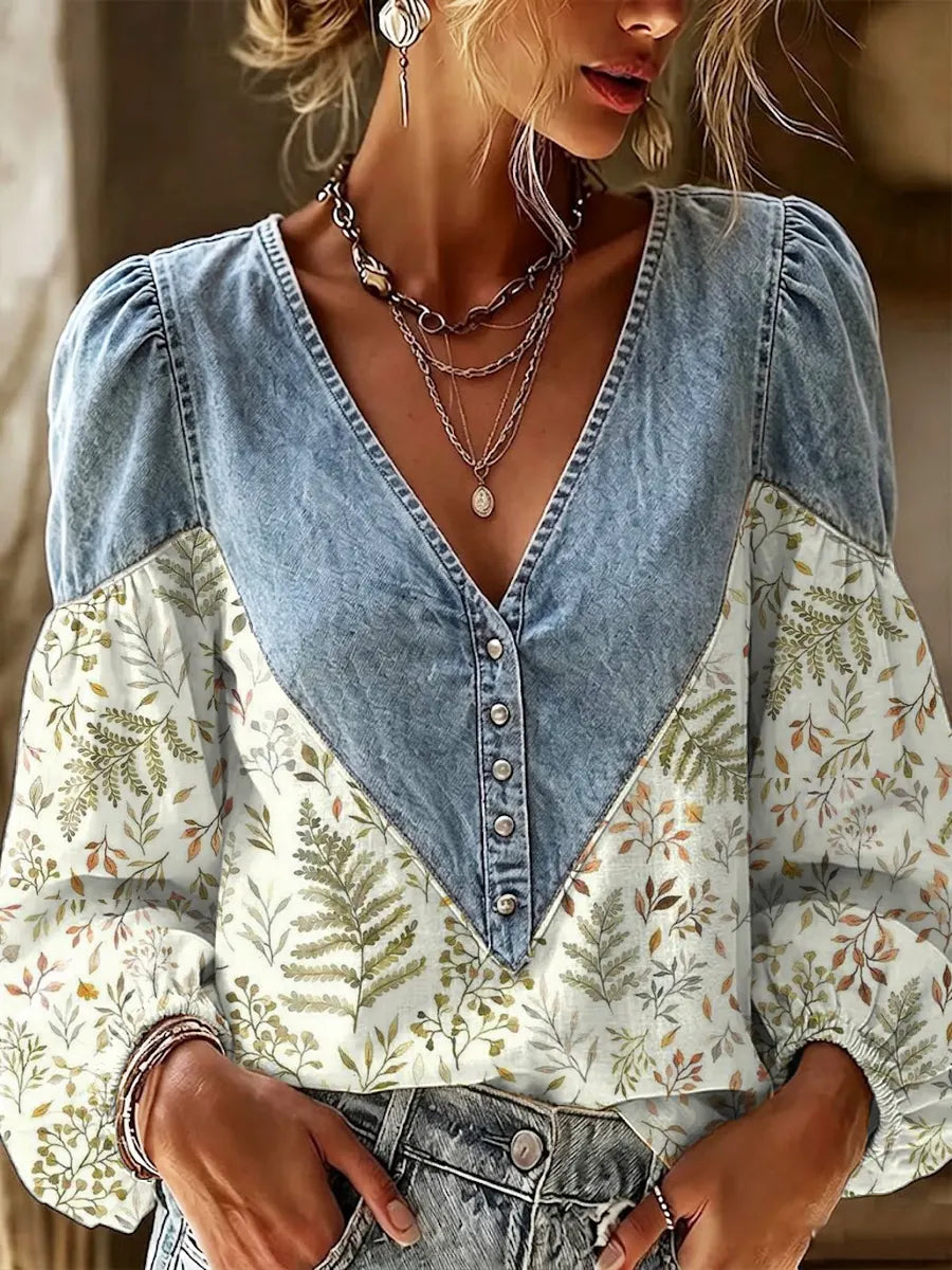 Retro Floral Pattern Art Print Casual Stylish Denim Patchwork Long Sleeve Shirt