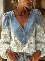 Retro Floral Pattern Art Print Casual Stylish Denim Patchwork Long Sleeve Shirt