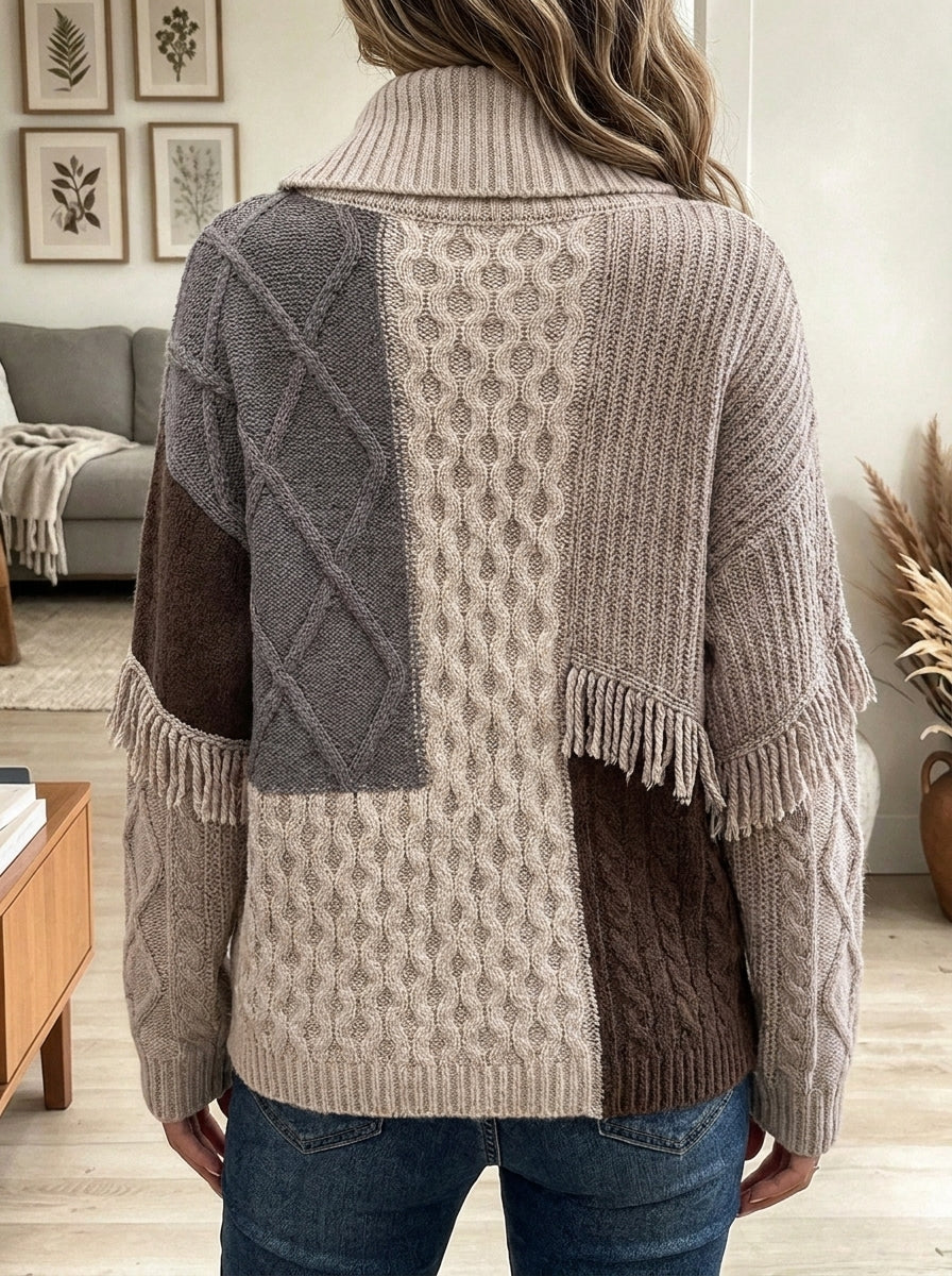 Women's Multicolor Patchwork Cable Knit Turtleneck Sweater with Fringe Trim