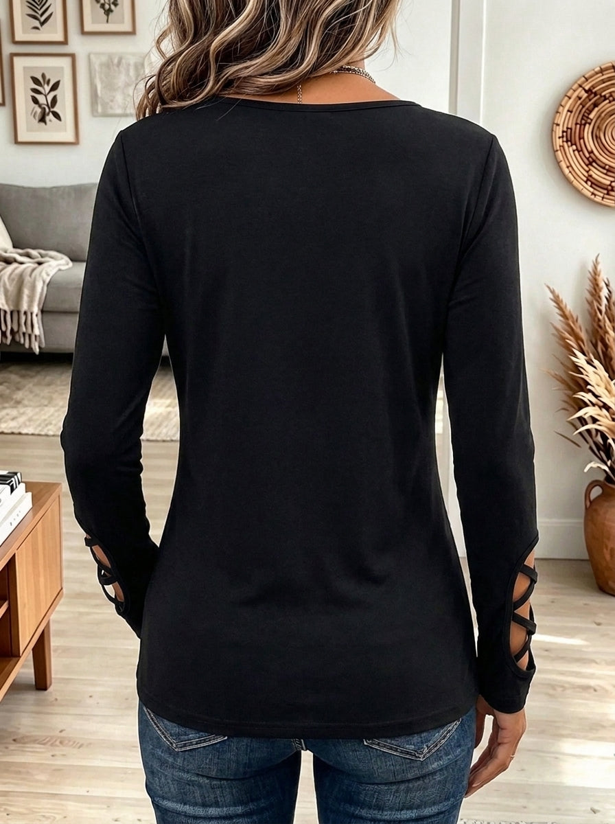Women's Black Long Sleeve Top with Criss-Cross Cutout Neckline and Cuffs