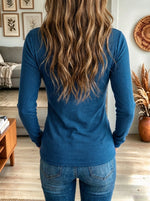 Women's Blue V-Neck Long Sleeve Top with Multi-Pattern Patchwork Print