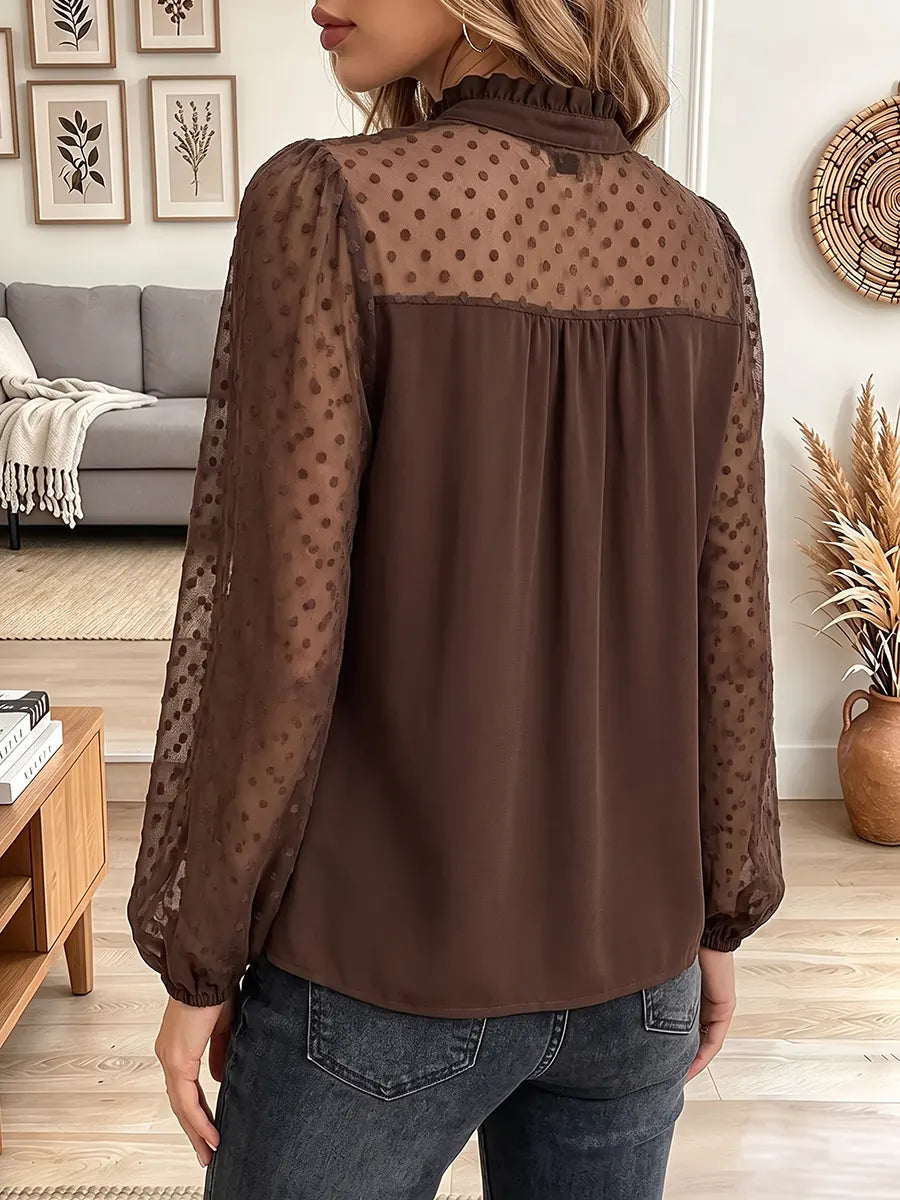Vintage Elegant Chiffon And Lace Patchwork Sheer Polka Dot Shirt