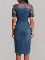 Stand Collar Mesh Spliced Wrap Button Front Denim Midi Dress