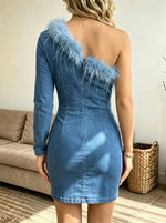 Women's One-Shoulder Feather Trim Denim Mini Dress