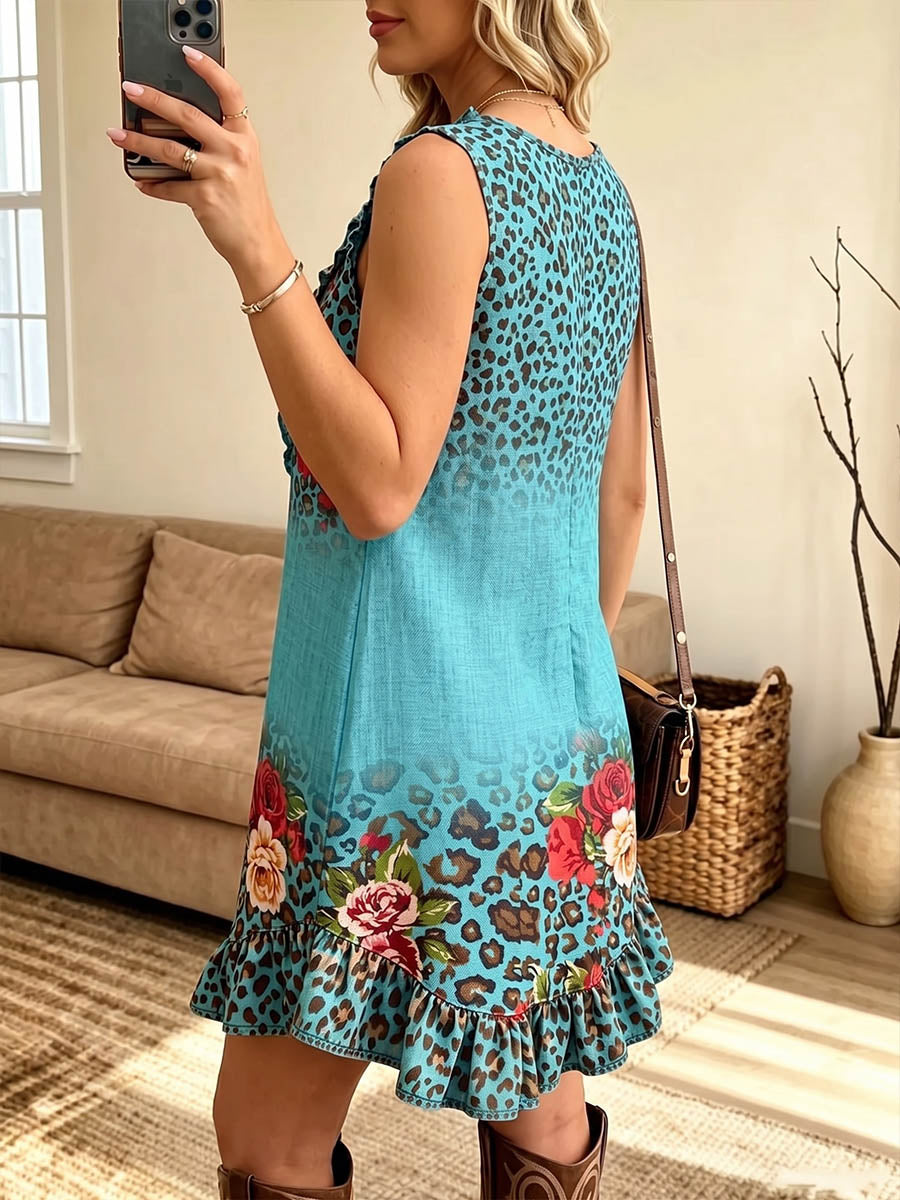 Vintage Elegant Patterned Print Patchwork Trim Ruffle Dress