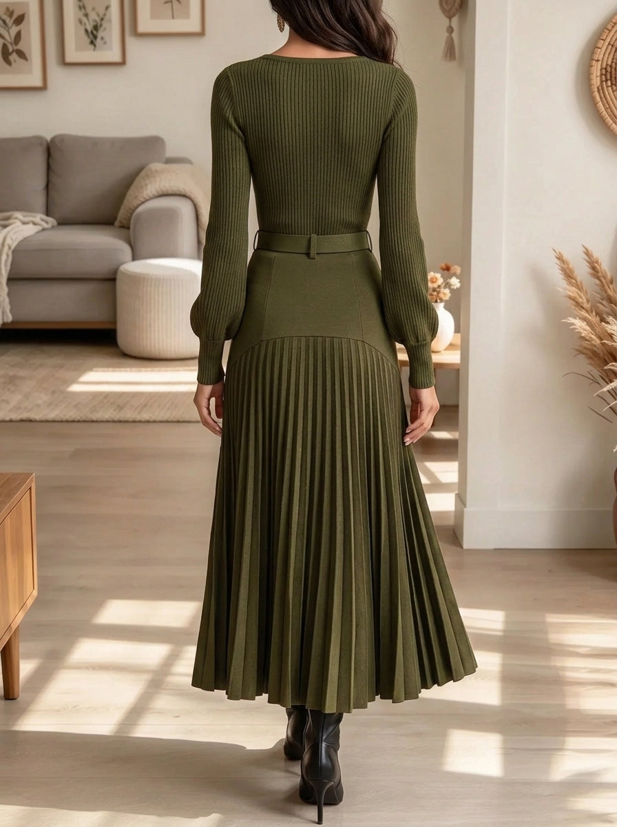 Women's Square Neck Pleated Knit Midi Dress