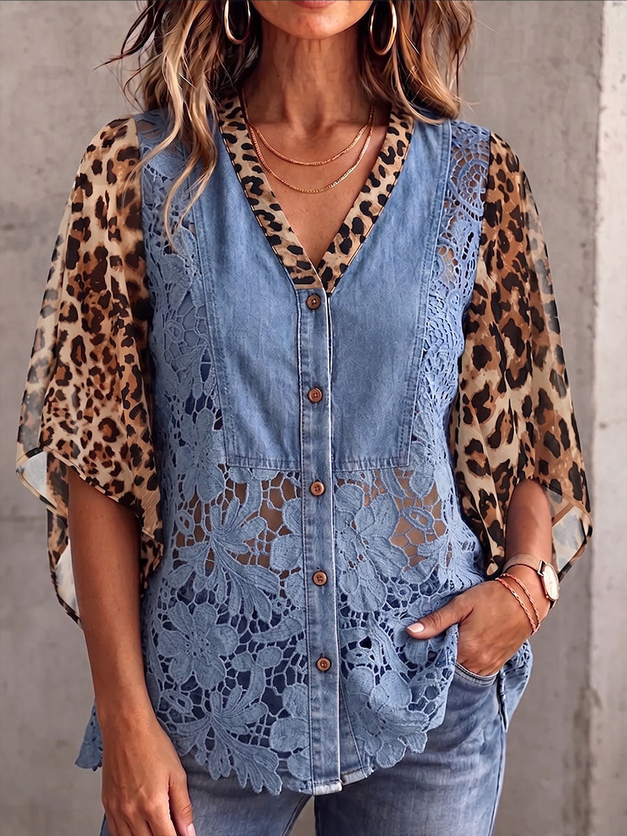 Vintage Elegant Openwork Lace Patchwork Denim Chiffon Shirt
