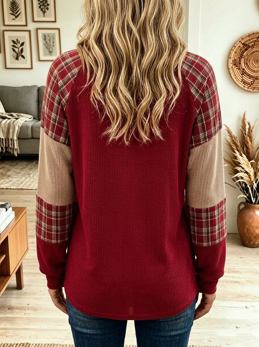 Women's Plaid Patchwork Waffle Knit Top Crew Neck Long Sleeve Casual Blouse