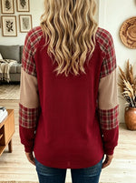 Women's Plaid Patchwork Waffle Knit Top Crew Neck Long Sleeve Casual Blouse