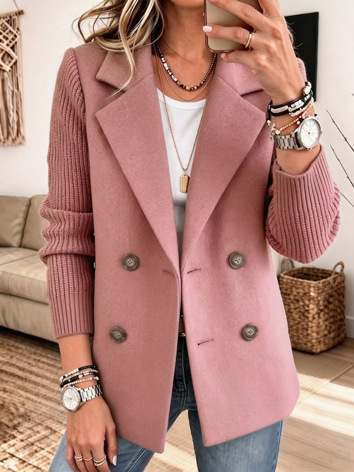 Women Mixed Media Blazer, Knit Sleeve Double‑Breasted Lapel Wool‑Blend Jacket