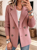 Women Mixed Media Blazer, Knit Sleeve Double‑Breasted Lapel Wool‑Blend Jacket