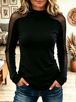 Women Mock Neck Mesh Raglan Sheer Long Sleeve Slim Fitted Basic Top