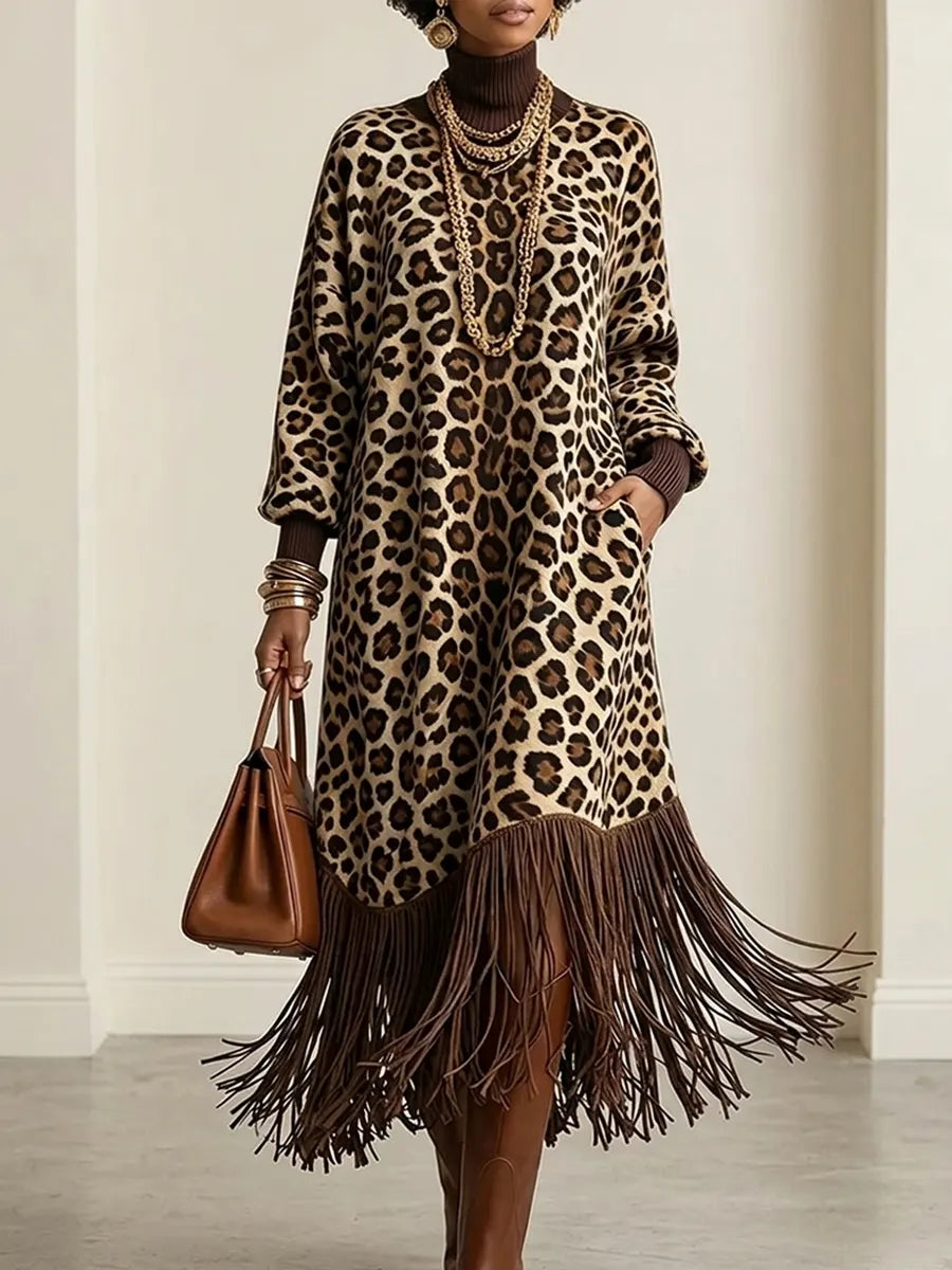 Retro Leopard Pattern Tassel Patchwork Art Print Casual Stylish Long Sleeve Dress